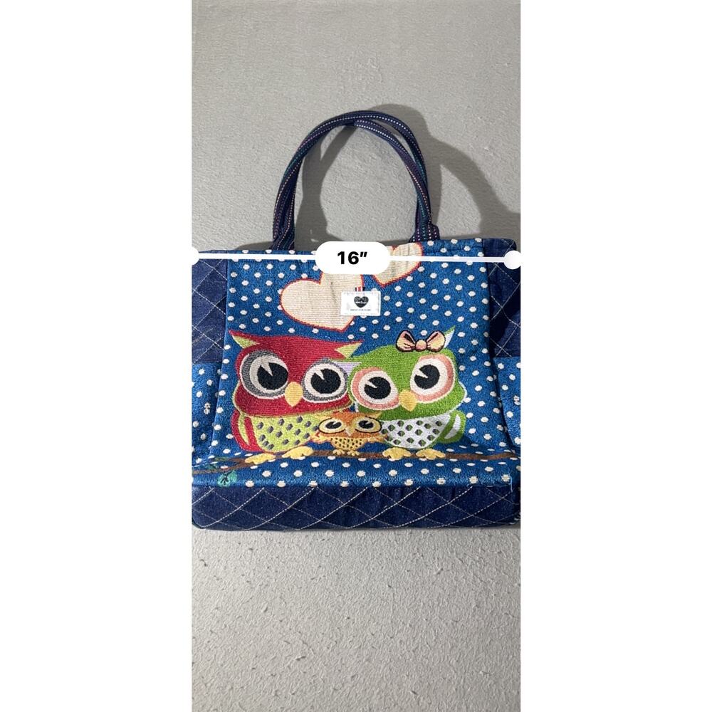 Korean Style Owl Tote Bag Blue Quilted Polka Dot Handbag - Picture 7 of 16